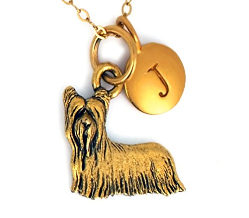 Yorkie Necklace In Antique Gold Pleated Pewter Personalized With A Five mm 24 K Gold Plated Bronze Initial Charm