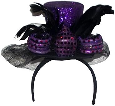 180 Degrees Sequin and Glitter Victorian Style Top Hat Halloween Headband with Spider and Feather Decor, One Size