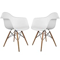 Poly and Bark Eames Style Molded Plastic Dowel-Leg Armchair (DAW) Natural Legs, White, Set of 2