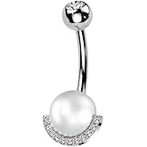 Pierced Owl 14GA 316L Stainless Steel Synthetic Pearl with Half CZ Crystal Edge Belly Button Ring