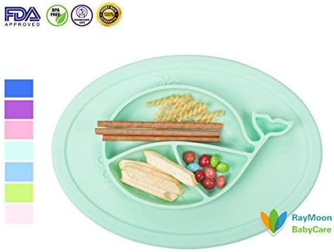 RayMoon Kids Plates Silicone Toddler Suction Bowls Led Weaning Tableware Set Whale (Tiffany Green)