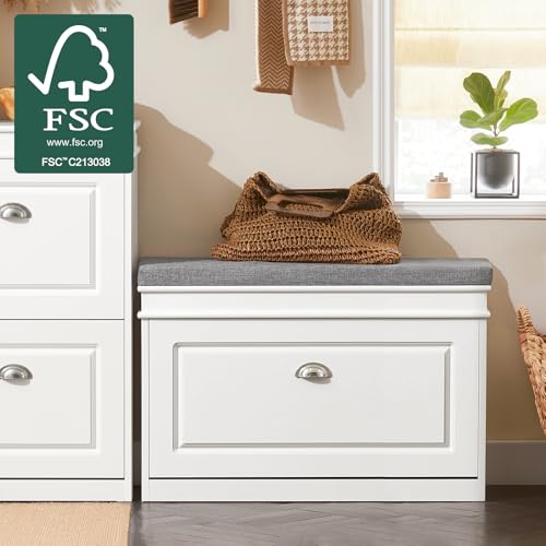 SoBuy FSR82-L-W Entrance Shoe Bench with Lid Storage and Cushion – Shoe Storage for Hallway or Living Room – 75 x 24 x 51 cm, White, FSR82-L-W