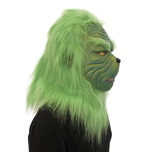 Hisoul Scary Party Mask Melting Face Latex Costume Collectible Prop Cosplay Grinch Mask with Green Fur for Any Occasion, Theme Party, Birthday Party, Masquerade Party - Shipped from US ( A)