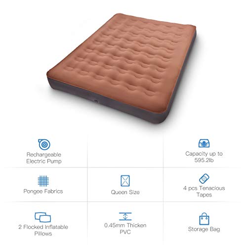 TOPELEK Air Mattresses, Inflatable Airbed with Rechargeable Electric Pump, Pongee Fabrics & Thicken PVC, Easy Setup, 2 Independent Flocked Inflatable Pillows, Queen Size, Storage Bag, Brown - Thumbnail 7