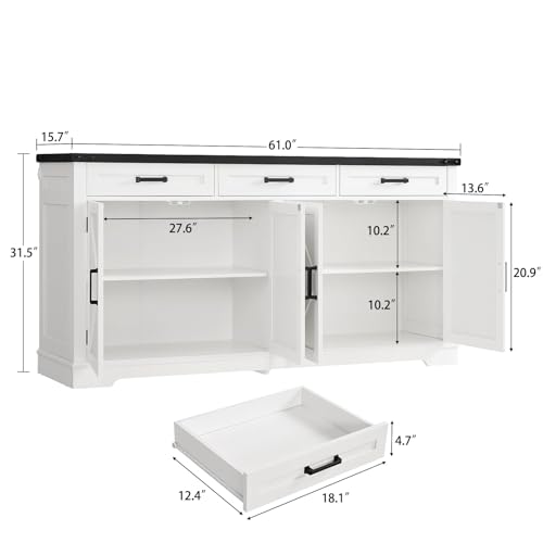 FIONESO 61" W Buffet Cabinet with 3 Large Drawers & 2 Adjustable Shelves, Farmhouse Sideboard Cabinet, Coffee Bar, TV Stand, for Kitchen, Living Room, White,40×155×80CM