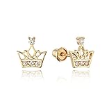 14k Yellow Gold Princess Crown Cubic Zirconia Children Screwback Baby Girls Earrings