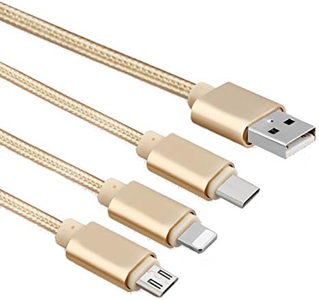 Universal 3 in 1 Braided USB Multiple Charging Cable 3.3 feet (1 m) for IOS and Android (Type C and Micro USB) (Gold)