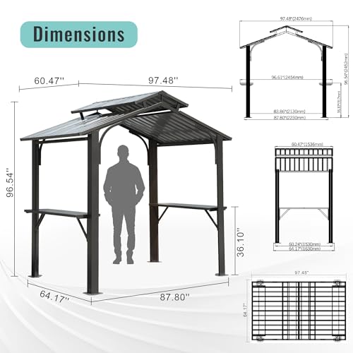 Domi 8x5FT Hardtop Grill Gazebo, Outdoor BBQ Gazebo with 2 Side Shelves and Ceiling Hook, Metal Grill Canopy with Galvanized Steel Double Roof for Patio Lawn Patio Backyard Deck, Grey