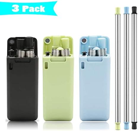 3 Pack Collapsible Reusable Straw, Composed of Stainless Steel and Food-grade Silicone, Portable Set with Hard Case Holder and Cleaning Brush, For Party, Travel, Outdoor, etc.(Black & Blue&Green)