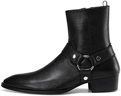 Jinfu Mens Leather Buckles Square Toe Ankle Boots Black Side Zipper Chelsea High Top Shoes (US 8)