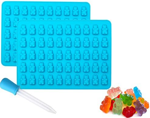 Gummy Bear Silicone Chocolate Molds and Candy Making Molds 2 Pack Plus Bonus Dropper for easy filling Make 100 Gummy Bears on Trays BPA Free, Freezer, Oven and Dishwasher safe (2 Pack, Blue)