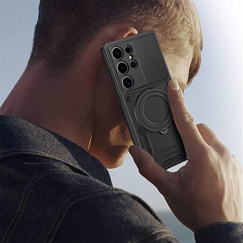 PANXIYUE Samsung Galaxy S24 Ultra 5G Case, with Invisible Magnetic Stand 360° Rotating Invisible Kickstand PC + Soft TPU Shockproof Protective Edges, Black