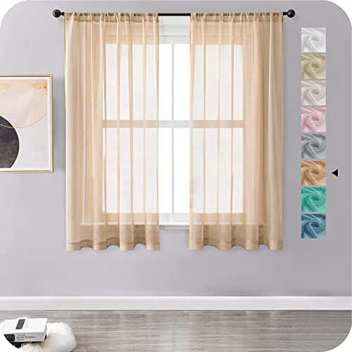 MRTREES Voile Curtains 57 Drop 2 Panels Faux Linen Rod Pocket Sheer Curtain Panel for Bedroom Living Room Patio Door 55x57 Drop 140cm x 145cm Light Brown