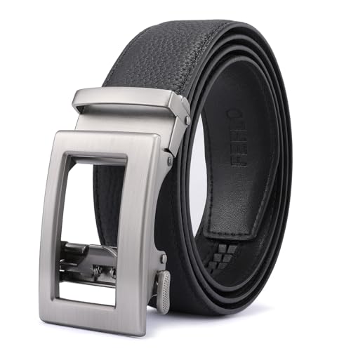 FEFLO Men's Leather Belt, Elegant Black Buckle Ratchet Automatic Closure Leather Without Holes Belt, Width 35 mm, Size Adjustable, Suitable for Suit Jeans