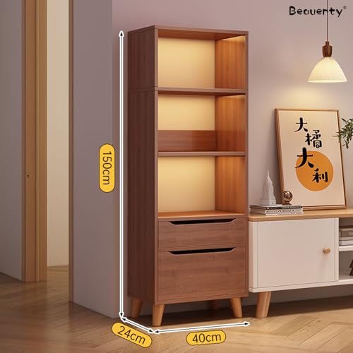 Beauenty Display Book Shelf, Floor Standing Bookcase Storage Unit, 3-Tier Open Shelf with 1 Drawer and 1 Door Cabinet, Wooden Storage Rack for Living Room, Home Office (Walnut)