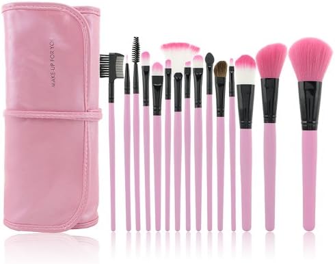 Roll up Case Cosmetic Brushes Kit 12/15 PCS Cosmetic Brush Set with Pouch Pro Wooden Handle Makeup Brush Tool (15pcs pink)