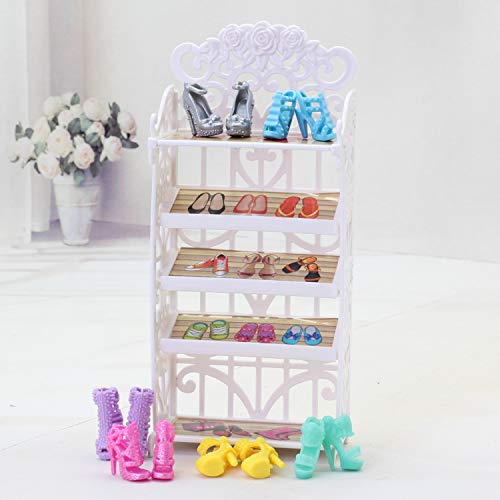 DoubleWood 1 Doll Shoes Rack + 20 Pairs Doll Shoes Replacement Playset Accessories Different Assorted Colors High Heel Boots Sandals Doll Shoes Set for 11.5 Inch Girl Doll