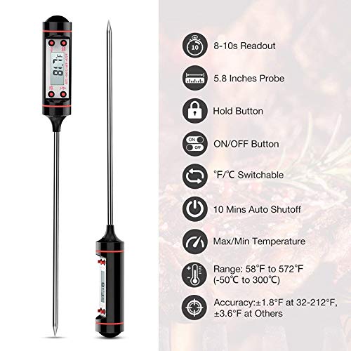 Meat Thermometer Cooking Thermometer [5.8 Inch Long Probe] with Instant Read, LCD Screen, Hold Function for Kitchen Food Smoker Grill BBQ Meat Candy Milk Water