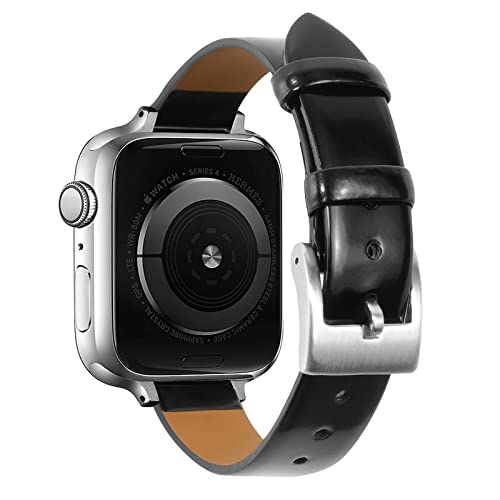 GONWEN Slim & Thin Leather Bands Compatible with Apple Watch Band 38mm 40mm 42mm 44mm, Top Grain Genuine Leather Band Replacement Wristband Strap for iWatch SE Series 6/5/4/3/2/1 (Bright Black/Silver, 38mm-40mm)
