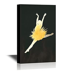 Canvas Wall Art - Golden Silhouette of Ballet Dancer Jumping in The Air - Gallery Wrap Modern Home Art | Ready to Hang - 12x18 inches