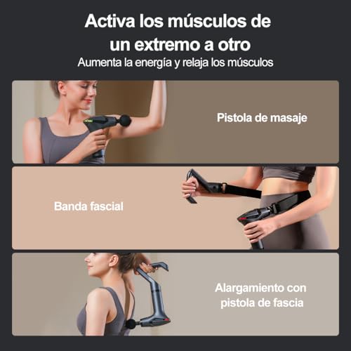 JCMO Pistola de Masaje Muscular, Masajeador Profesional con 4 Cabezas y Banda De Extensión, Ideal para Músculos, Hombros, Cuello, Espalda, Piernas, Pantorrillas