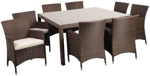 Atlantic 9-Piece Grand New Liberty Deluxe Square Wicker Dining Set, Brown with Off-White Cushions