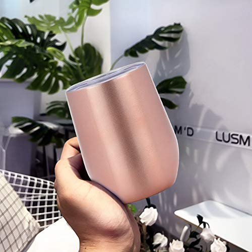 12oz Stainless Steel Stemless Wine Tumbler with Straws -ACOOME Double Wall Vacuum Insulated Wine Glass with Lid,Great Perfect for Wine, Coffee, Drinks,2 Sets (Rose Gold)