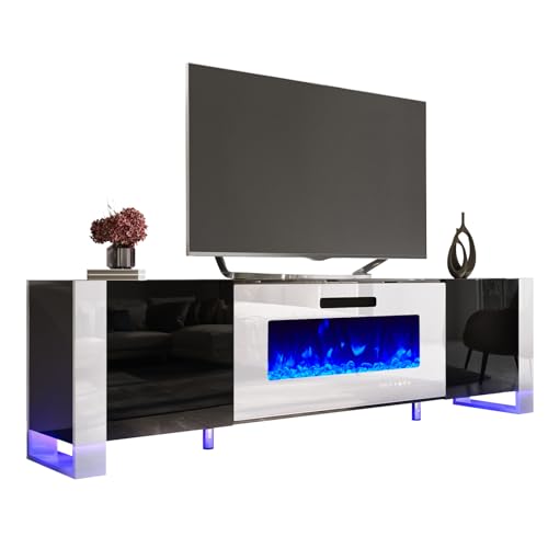 Jocisland 70" Fireplace TV Stand with 36" Electric Fireplace, Entertainment Center with High Gloss Doors & LED Lights, Modern Entertainment Stand for TVs up to 80", Black&White