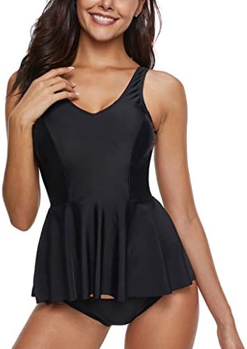❤️ Women Tankini Tank Swimsuit ❤️ Ladies Plus Size Push Up Padded 2 Piece Bikini, High Waists Swimwear Peplum Solid Color Beachwear (XXL, Black)