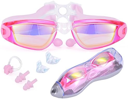 Swimming Goggles, DUZCLI Mirrored Swim Glasses Ultra Anti Fog ,UV Protection ,No Leaking Swim Goggles with Free Case ,Nose Clip and Ear Plugs for Men Women Boys Girls (Pink)