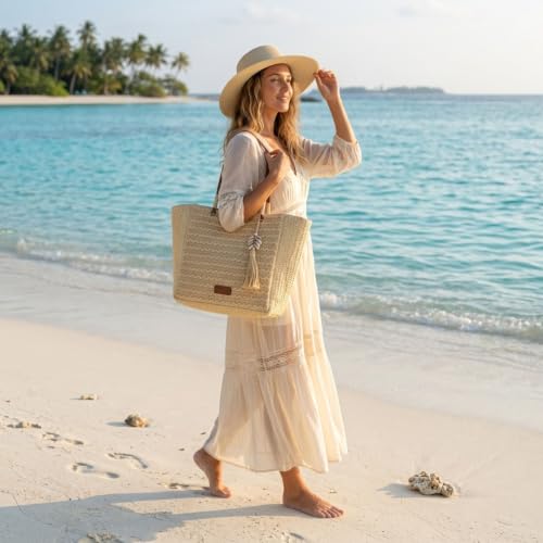 Women's Large Raffia Bag – Maxi Shopper Ivory with Long Shoulder Handles, Zip Closure and Boho Ornament, Beach and Summer Bag (Beige)