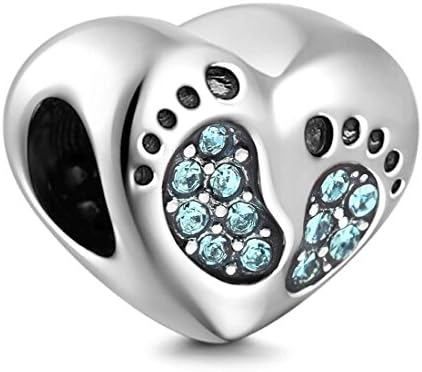 925 Sterling Silver Heart Charm Baby Charm Footprint Charm Birthday Charm Birthstone Charm Anniversary Charm for Pandora Charms Bracelet (Light Green)