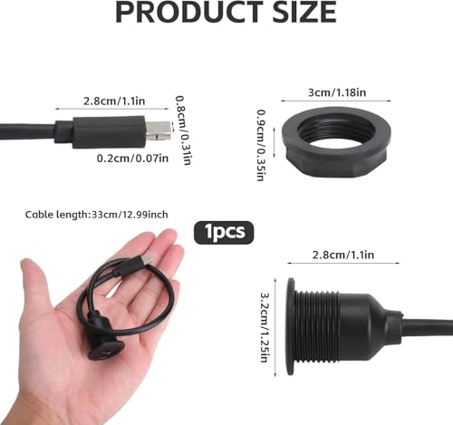 HENGBIRD Adaptador de Montaje Integrado USB C de 5 Gbps, Carga rápida, Cable Corto PD 60 W USB Tipo C 3.0 Macho a Hembra, Conector de Montaje Fijo 20 V 3 A, para salpicadero de Coche/RV/Barco, 30 cm