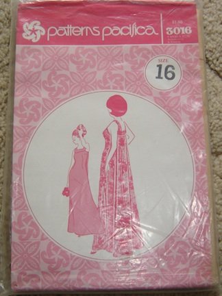 Patterns Pacifica 3016 of Honolulu, Sewing Pattern for Front Dart Fitted Floor Length Dress with Back Flared Drape Falling From Yoke, HAS Square Neck in Front & Back.