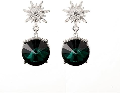 CONIFERA Snowflake Stud Earrings with Rhinestones and Round Green Glass Pendant for Women Girls Silver Plated