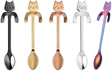 Set of 5 Stainless Steel Cat Treat Teaspoon Kitten Head Decorative Tea Spoon For Coffee Tea Ice Cream Dessert Kitchenware Mug Cup Glasses Comes In Black Rose Gold Sliver Copper bronze Multi Colour