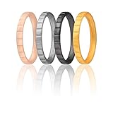 ROQ Silicone Wedding Ring For Women, Set of 4 Thin Stackable Silicone Rubber Wedding Bands - Rose Gold, Gold, Silver, Black Metalic - Size 7