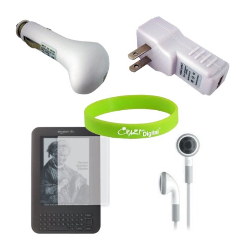 CrazyOnDigital USB Car Charger, USB Wall Charger with Screen Protector and Headphone for Amazon All New Kindle 4/ Kindle Touch/ Kindle Keyboard Button (White). CrazyOnDigital retail package