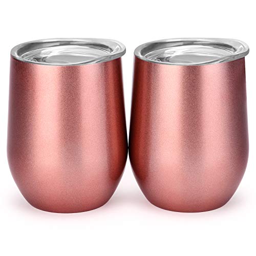 MASCOTKING Wine Glasses Tumbler - 12 oz 2 Pack - Double Wall Vacuum Insulated Cup with Lids for Keeping Wine, Coffee, Drinks - Beverage Warm in Winter - Christmas Present