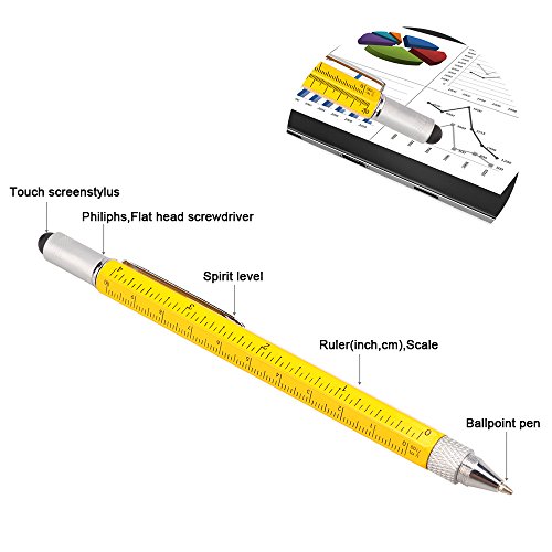 BM Multifunction Tool Pen with Stylus, Ballpoint Pen, Screwdriver, Bubble Level, Universal Ruler and Phillips Flathead Bit Useful Office Gadget Gifts Pack of 2 (Yellow) - Thumbnail 5