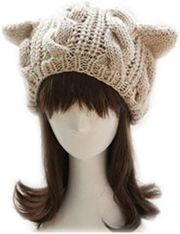 Dealzip Inc® Women Ladies Baggy Beret Chunky Knitted Cute Cat Ear Design Winter Warm Soft Cable Knit Women Beanie Cap Hat Khaki