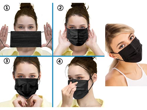 4ply Black Disposable Face Mask- Black Face Mask with Activated Carbon Disposable Face Masks Black Masks Breathable Masks for Women, Men and Kids and Office Supplies (4ply) (Black 50pcs)