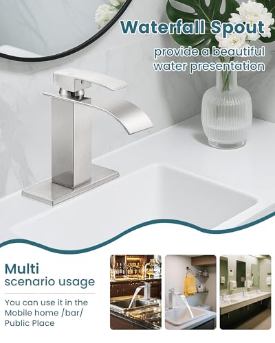 LUFG Bathroom Faucets Brushed Nickel Waterfall Bathroom Sink Faucet Modern Single Handle Bathroom Faucet for 1 or 3 Hole Mxier Tap Washbasin Faucet with Deck, Pop-up Drain and Supply Hoses