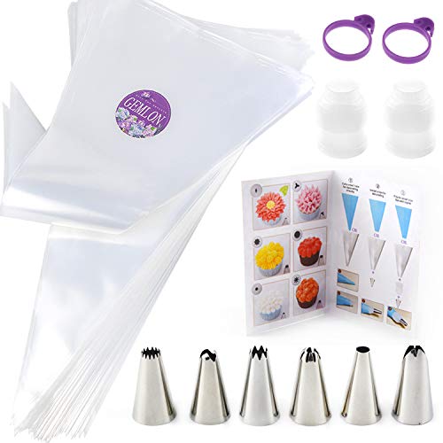 GEMLON Disposable Piping Bags and Tips Set, 100Pcs 16 Inch Plastic