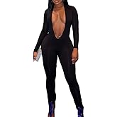 Molilove Jumpsuit for Women Sexy V Neck Bodycon Pants Jumpsuits Soft Long Sleeve One Piece Outfits Stretch Clubwear