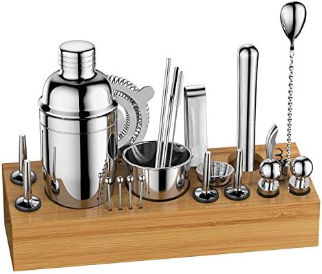 バーテンダーキット カクテルシェイカーセット 22ピース ステンレススチールバーツールセット スタイリッシュな竹スタンドバーテンディングキット 休日 マティーニカクテルシェーカーセット バー ホーム アウトドアパーティー用 旅行