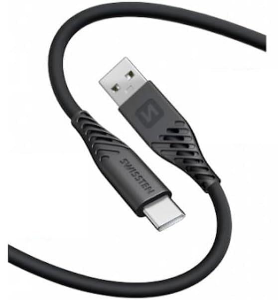 Swissten - Cavo USB/USB-C in morbido in silicone - Cavo di ricarica e per il trasferimento dati – Supporta la ricarica rapida fino a 60 W - 1,5 m – Nero