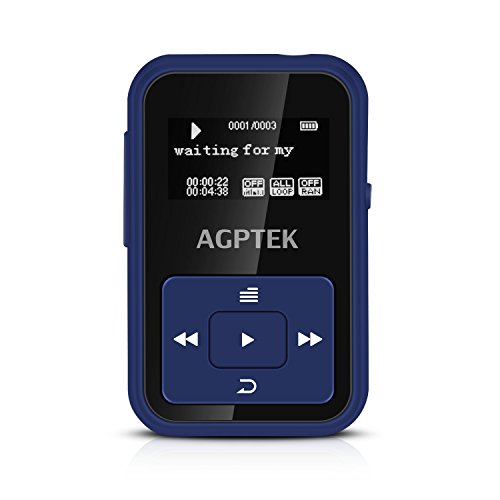 AGPTEK A12 8GB Clip Bluetooth Mp3 Player, Sports Clip Hi-Fi Sound Music Player with FM Radio, 1.1inch OLED, Sweatproof Silicone Case, Support up to 128GB, Dark Blue