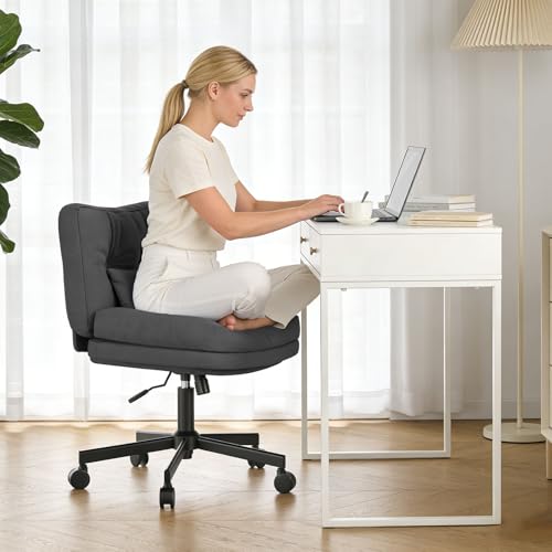 Submi Criss Cross Chair, Wide Desk Chair with Adjustable Height, Fabric Vanity Chair for Home, Swivel Criss Cross Chair for Work, Comfy cross legged office chair, Task Chair, Study, Gift, Black