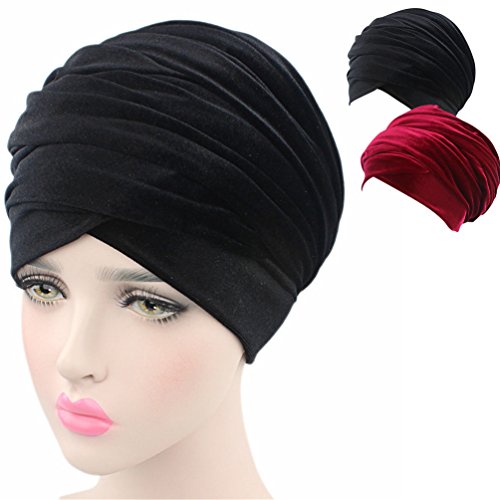 Turban Hat Headband Head Wrap - Black Red Wine 2 Packs Magic Velvet Turbans HeadWrap Bow Twist Chemo Cap Tube Scarf Tie Hijab For Women (16)